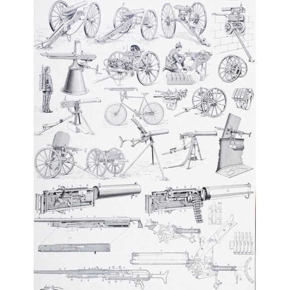 Types Of Machine Guns And Their Mechanisms Just Prior To The First World War From Enciclopedia Ilustrada Segu Canvas Art - Ken Welsh  Design Pics (13 x 17)