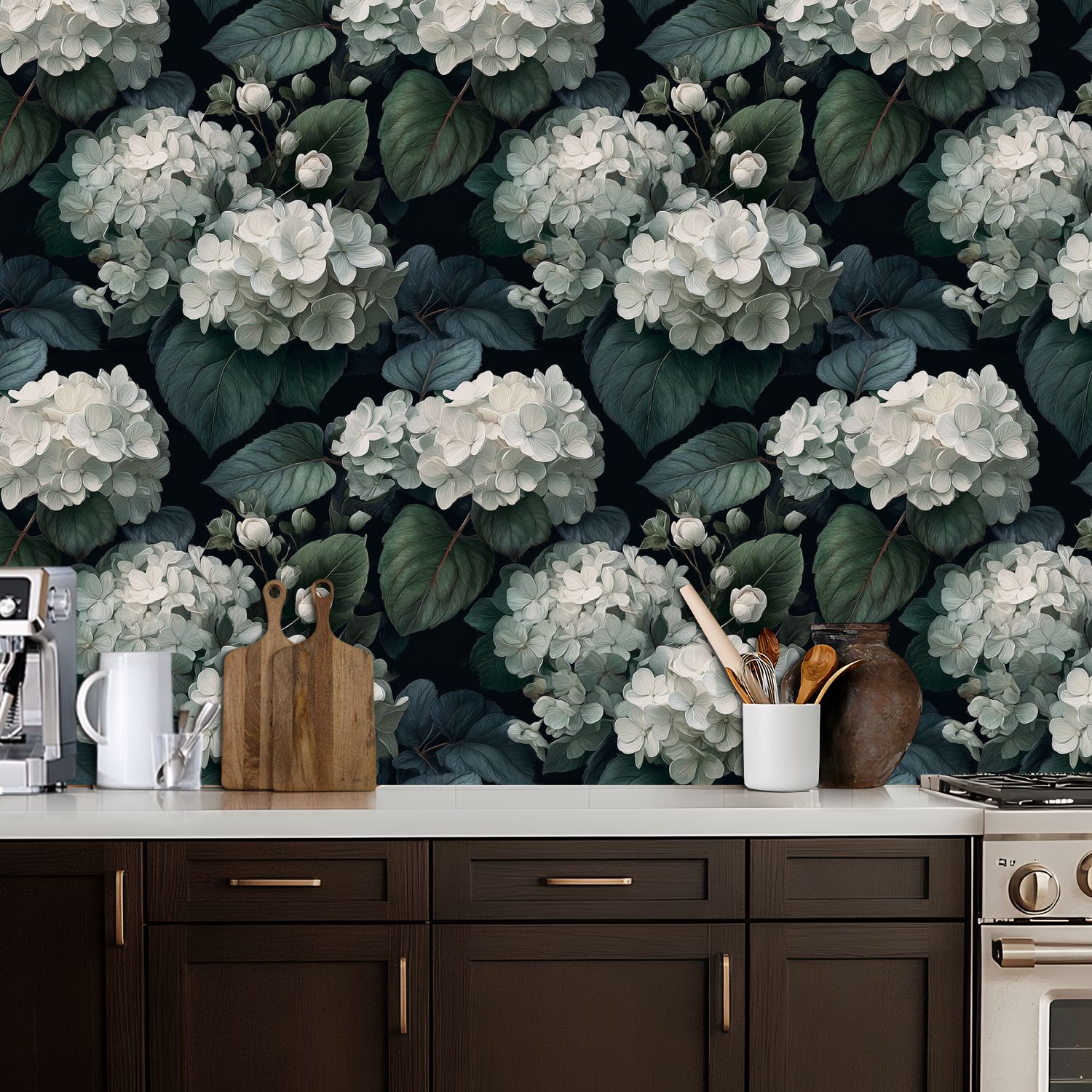 Peel and Stick Wallpaper 17.7in x 9.8ft White Hydrangea Flowers Green Leaves Dark Botanical Contact Paper Vinyl Self-Adhesive Removable Wall Paper for Bedroom Kitchen Cabinet Renter Friendly