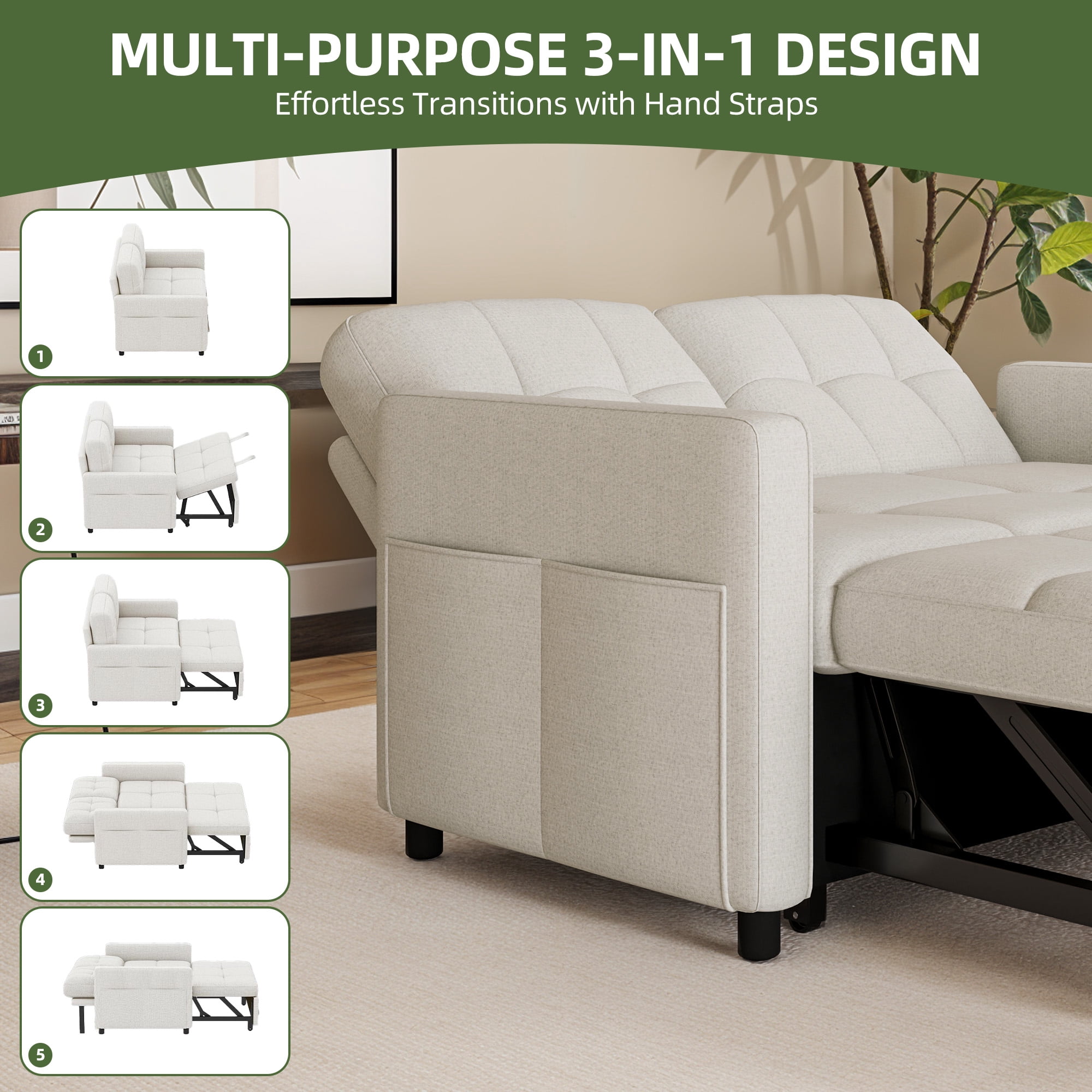 Uforic 55" Modern Convertible Sofa Bed with Pull Out Bed, Upholstered Loveseat Sofa Couch with Adjustable Backrest, White