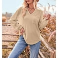 thumbnail image 2 of Solid Color V Neck Patch Pocket Waffle Knit Sweater for Women Beige Medium, 2 of 5
