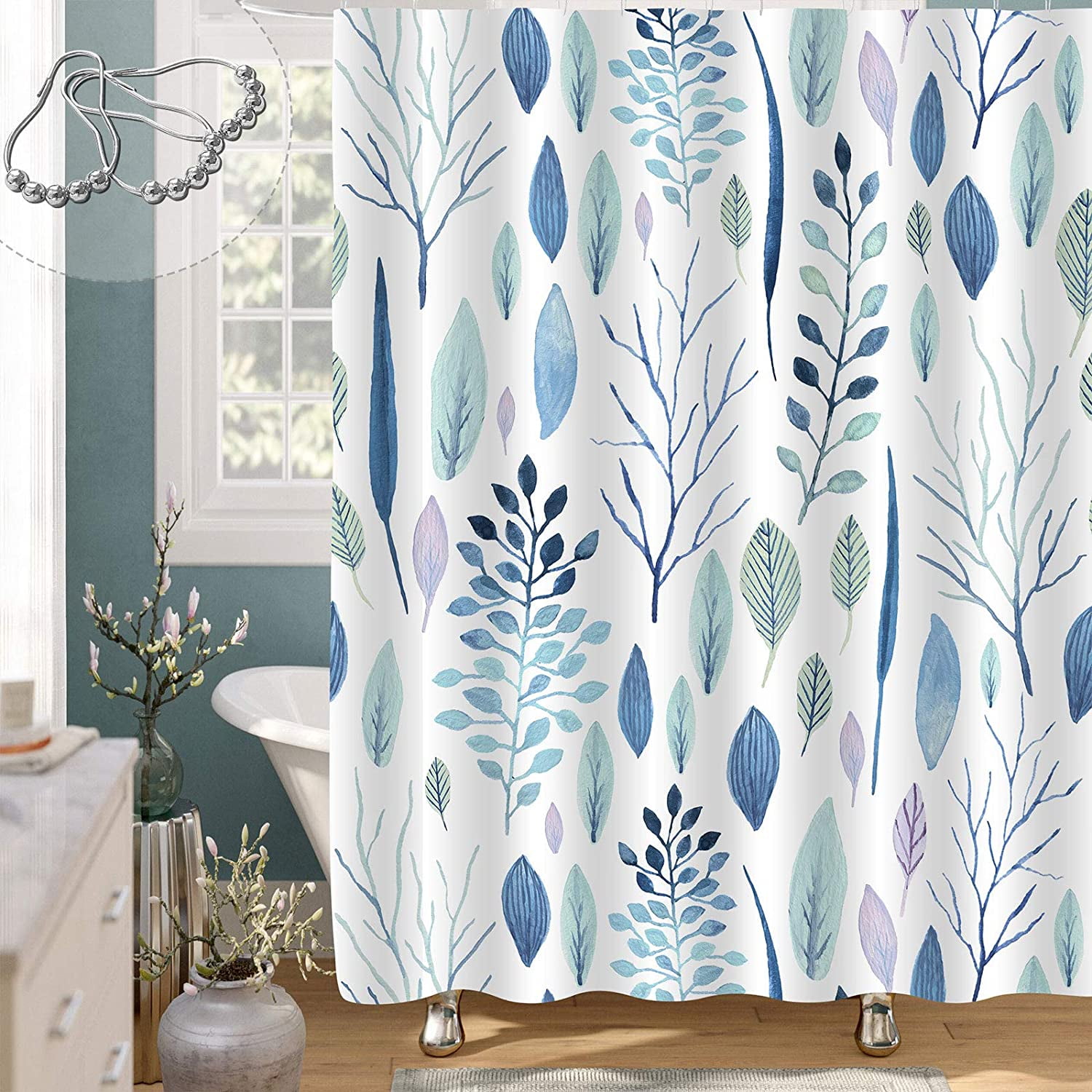 Plant Shower Curtain Abstract Colored Leaves Print for Bathroom 