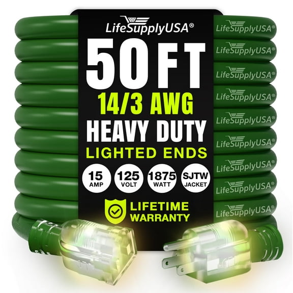 50ft Outdoor/Indoor Extension Cord 14/3 Gauge Heavy Duty 3 Prong SJTW, Waterproof, Flexible Cold-Resistant Long Power Cord,15A 125V 1875W, Green by LifeSupplyUSA