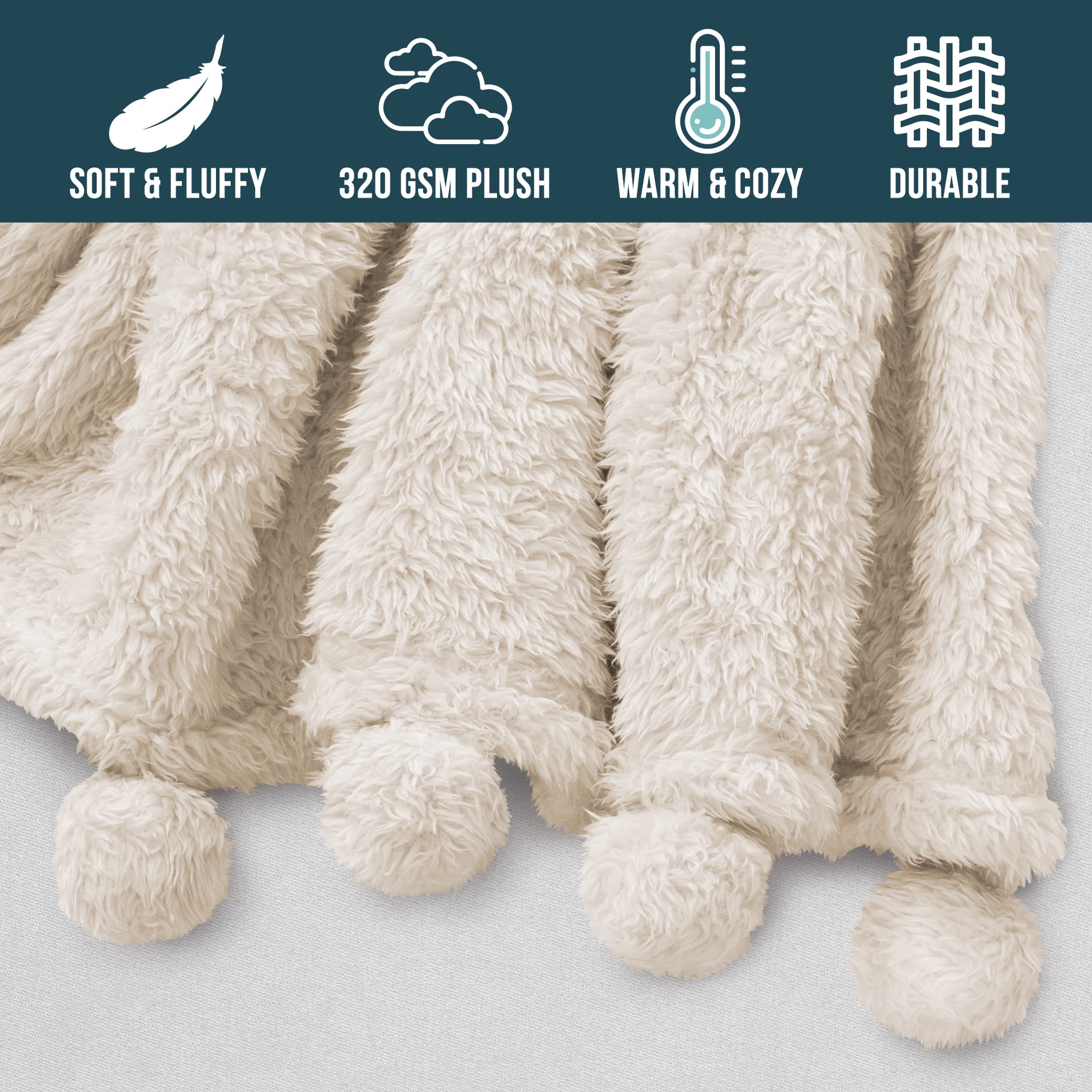 PAVILIA Ivory Cream Sherpa Throw Blanket with Soft Pom Pom Fringe, Plush Cozy Warm Blankets for Couch Bed Sofa, Fuzzy Fleece Throw with Pompom, Lightweight Fluffy, Ivory 50x60 in