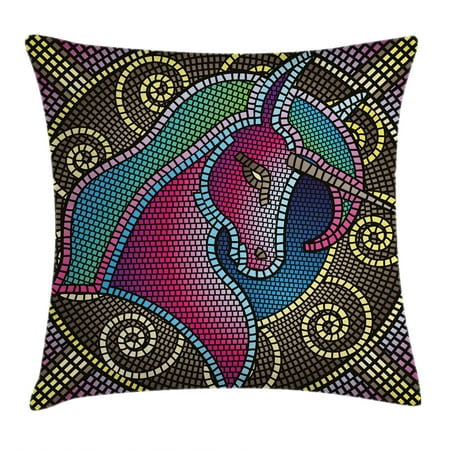 Creatures Mosaic - Fantasy Throw Pillow Cushion Cover, Fractal Unicorn Figure with Mosaic Art Tile Effects Girlish Creature Display Print, Decorative Square Accent Pillow Case, 16 X 16 Inches, Multicolor, by Ambesonne