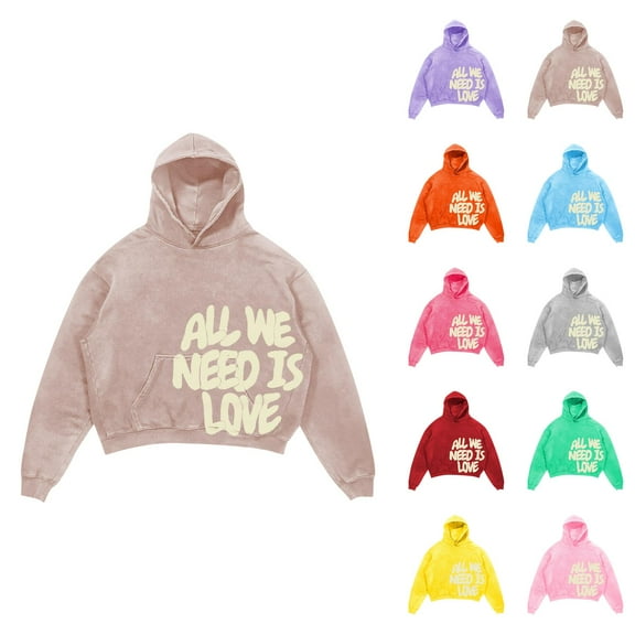 Cropped Hoodies for Men 2025 All We Need Is Love Anime Y2K Harajuku Hooded Sweatshirt with Pockets Pullover Hoody