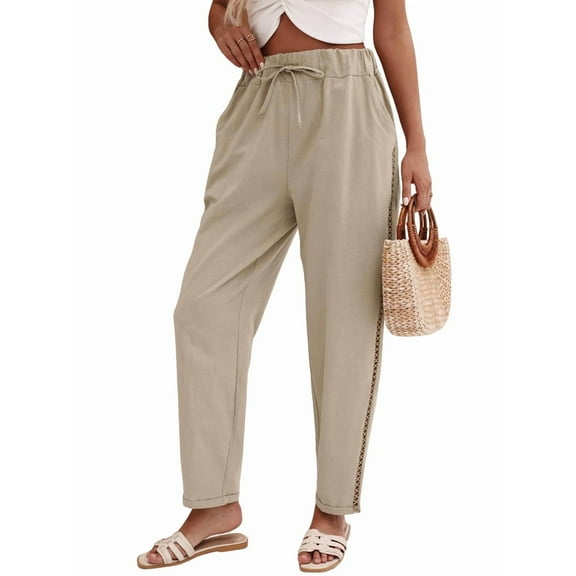 Women'S Linen Pants with Drawstring Petite Summer Beachwear Elastic Waist Pants Khaki M