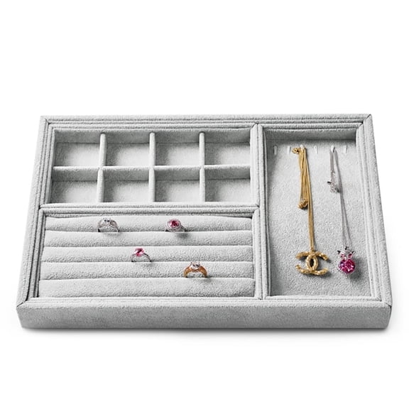 Oirlv 4-in-1 Gray Velvet Jewelry Tray, 13.78"x9.45" Stackable Organizer with Removable Inserts for Rings, Necklaces & Earrings