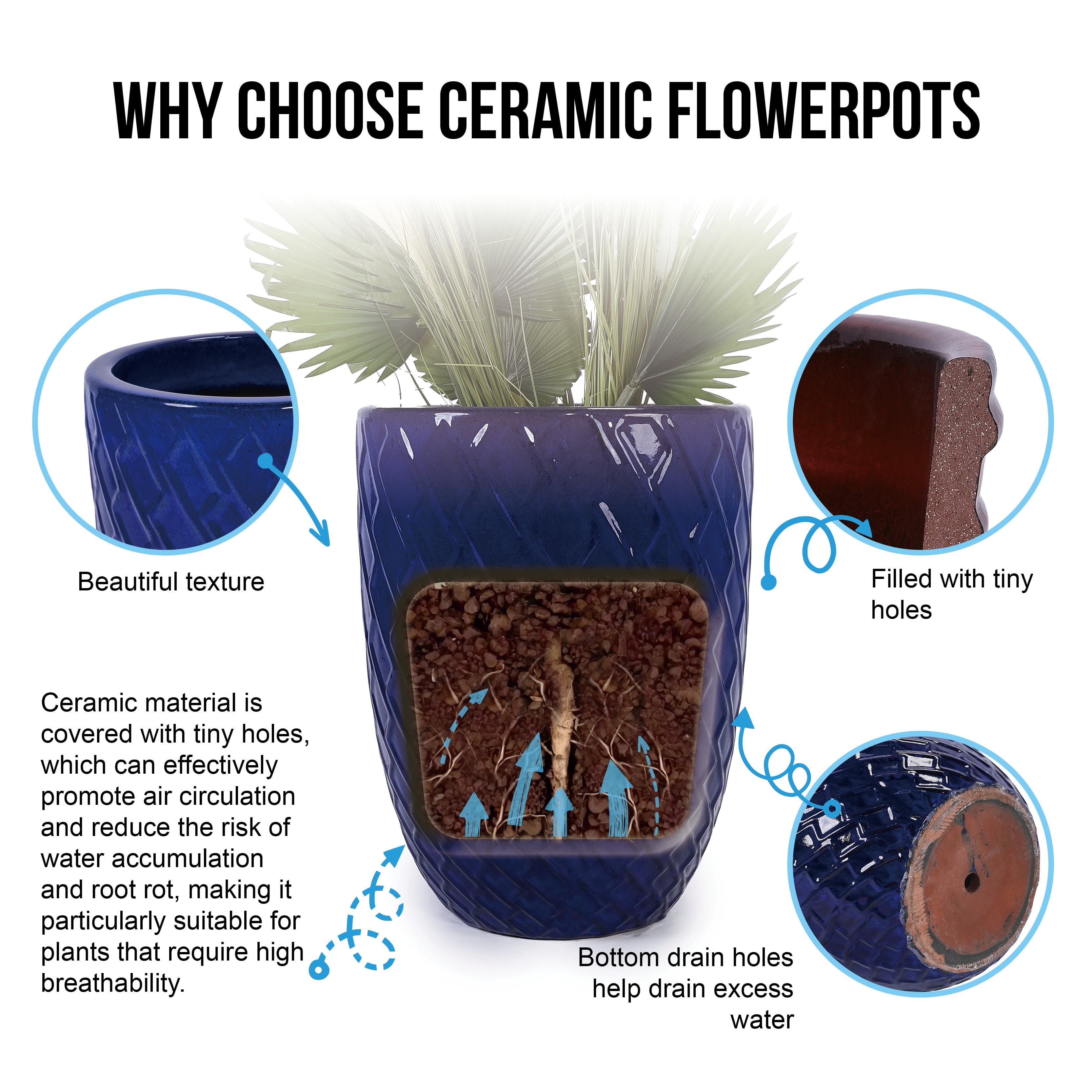MAYEERTY 1 Pack Ceramic Planter Pot, Planter for Indoor Outdoor Patio, Garden, Dark Blue