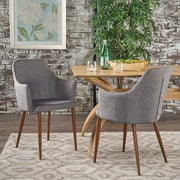 Noble House Zelda Mid Century Fabric Dining Chairs, Set of 2, Gray, Dark Walnut