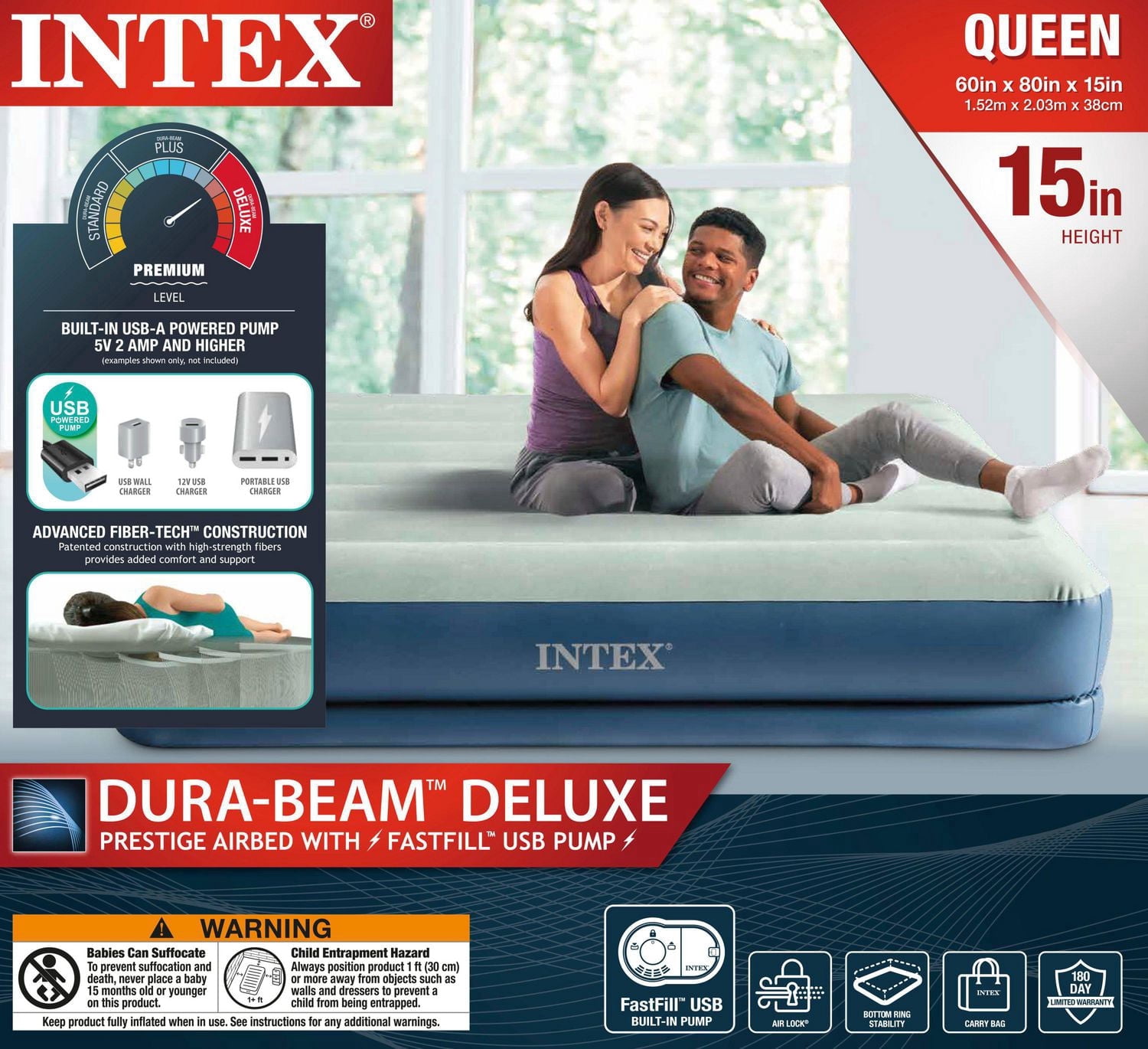 INTEX Dura-Beam® Prestige Air Mattress w/ Built-in USB-powered Pump, 15in. Queen