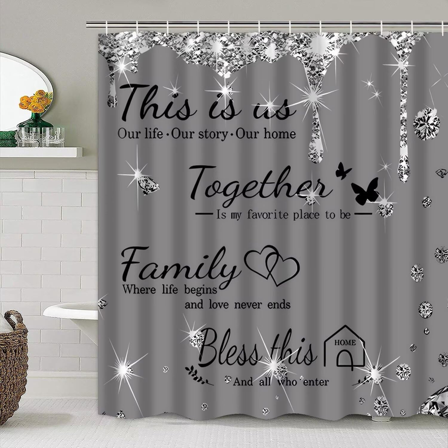 Family Shower Curtain Set Black Home Bathroom Set with Shower Curtain and Rugs and Accessories Bathroom Decor Curtain with 12 Hooks