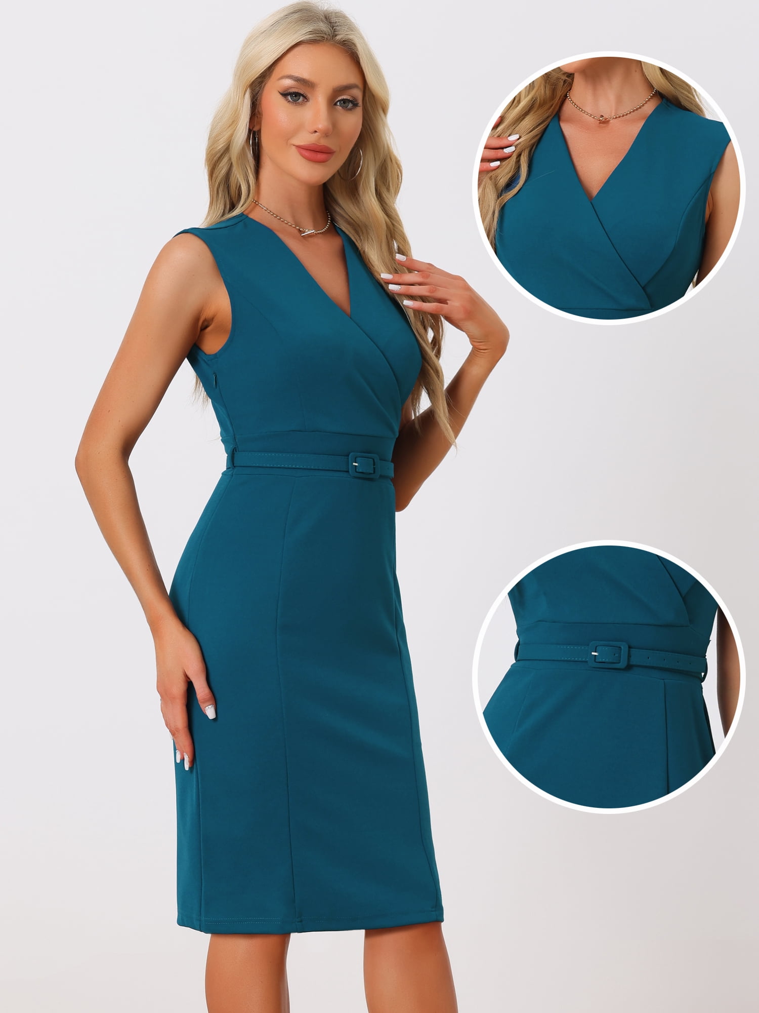 DARING DIVA Pencil Sleeveless Wrap V Neck Belted Office Dresses L Peacock Blue