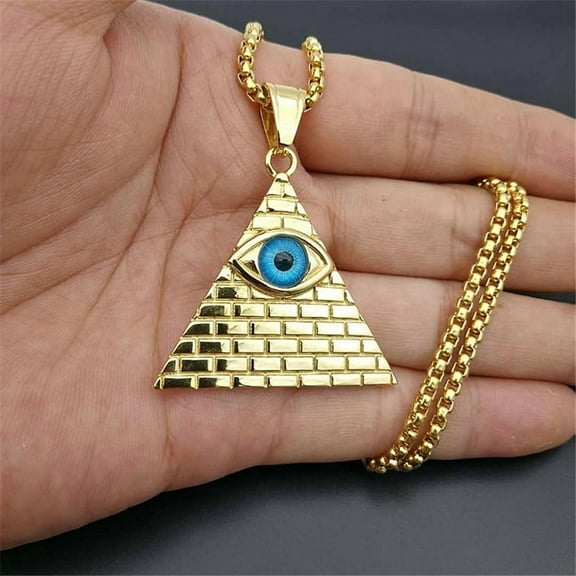 Egyptian Pyramid Evil Eye of Providence Necklaces Pendants Men Women 14K Yellow Gold Necklace Egypt Jewelry