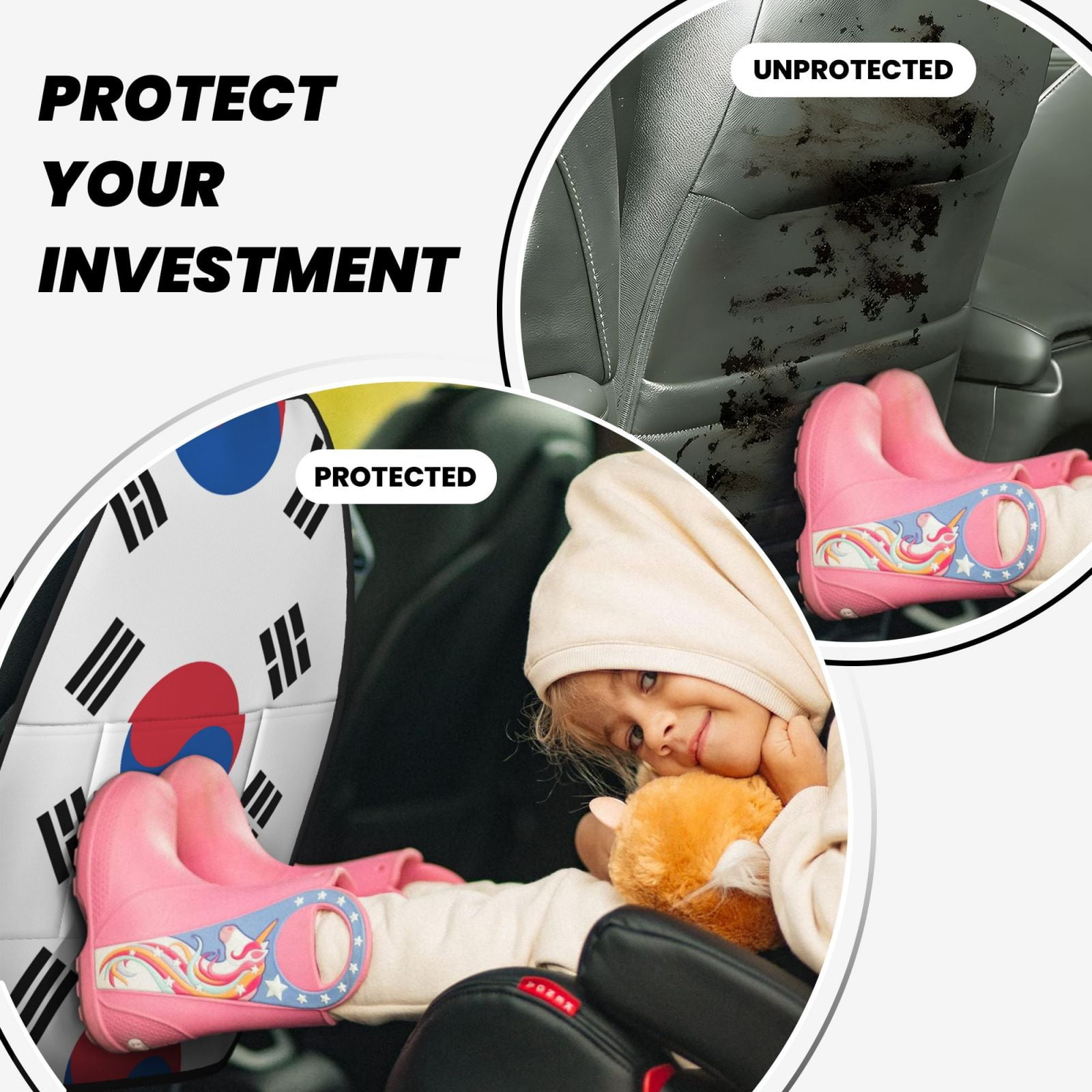 Xecao Korea Pattern Car Seat Back Protector 2 Pack Large Capacity Pocket, Kick Mats Back Seat Protector