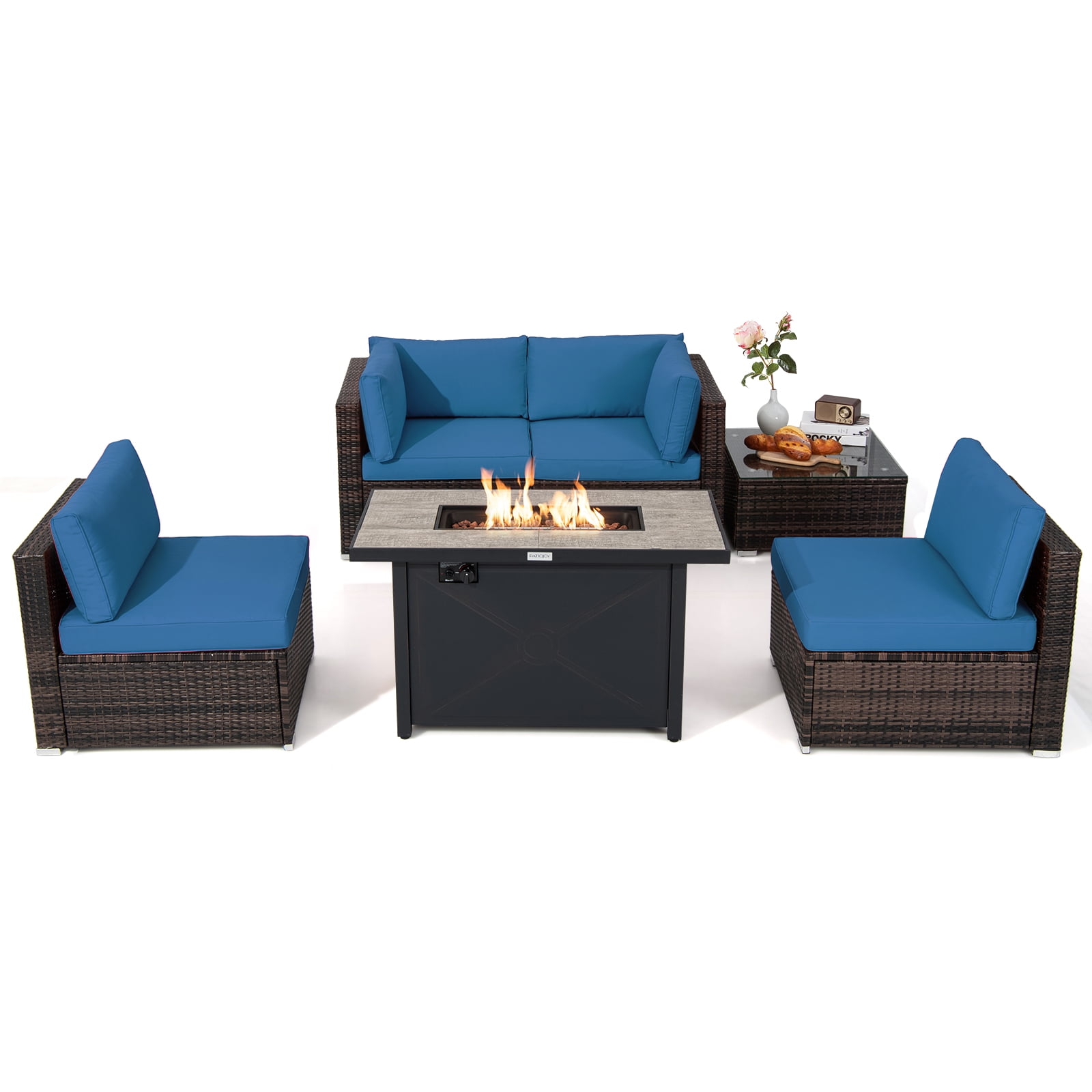 Costway 6PCS Patio Furniture Set Rattan Cushioned Sofa Gas Fire Pit Table Navy