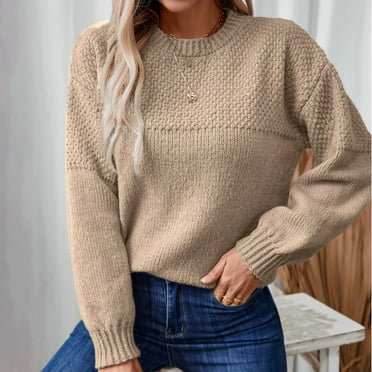 Fartey Womens Casual Long Sleeve Sweaters Loose Comfy Mock Neck Solid Color Knitted Pullover Sweater Slim Fit Fall Sweaters