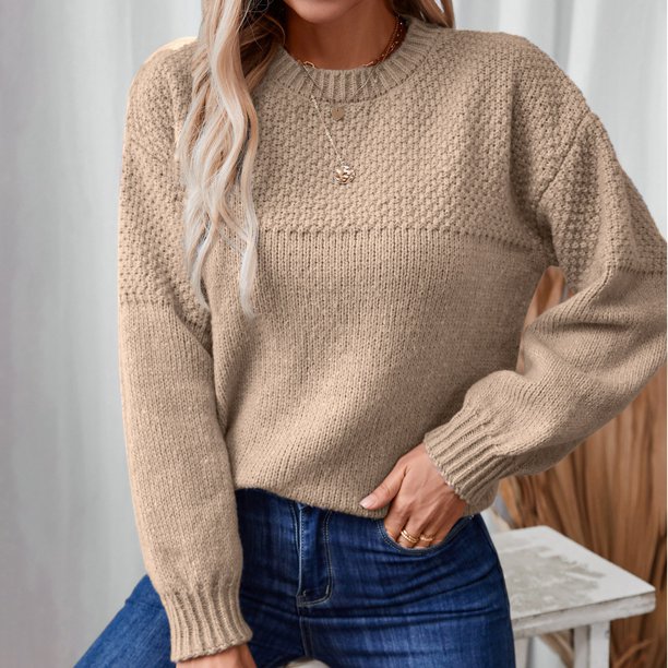 Suéter de cuello redondo para mujer, informal, de punto, de manga larga y cuello redondo, suéter de cuello redondo para mujer