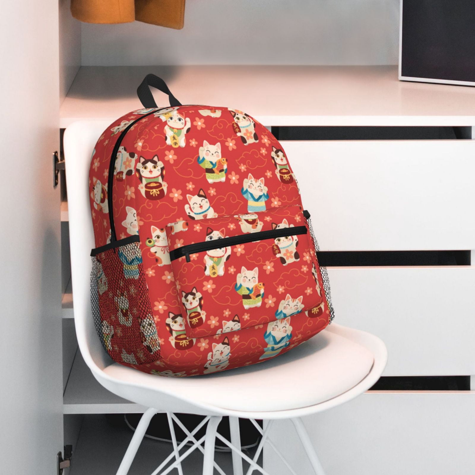 Vsdgher Japanese Maneki Cats Print Unisex Large Capacity Bookbag Schoolbag Casual Daypack for High School/College/Teens/Travel/Work