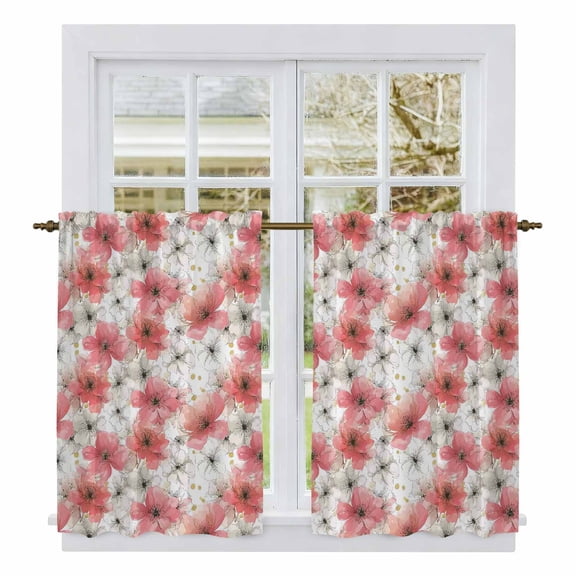 Spring Flowers Kitchen Curtains 45 Inch Length, Farmhouse Chinese Pink White Floral Tiers Curtains for Bathroom Bedroom Cafe, Light Filtering Small Window Treatment Short Drapes 2 Panels 42"Wx45"L