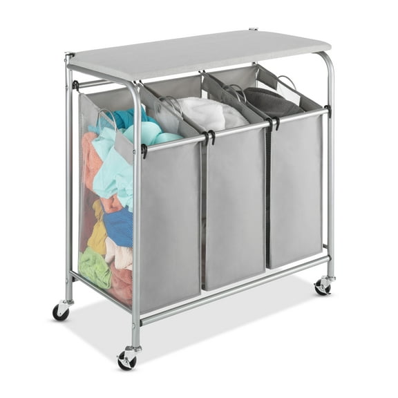 Whitmor 3-Section Rolling Metal Laundry Sorter Folding Station/Ironing Board Gray for All Ages