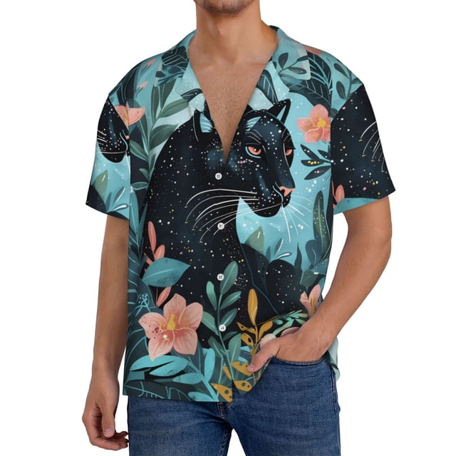 Fotbe Black Panther Floral Illustration Camisa Estampada de Manga Corta para Hombre, Casual de Verano, Estilo Playero, Sin Arrugas-4X-Large