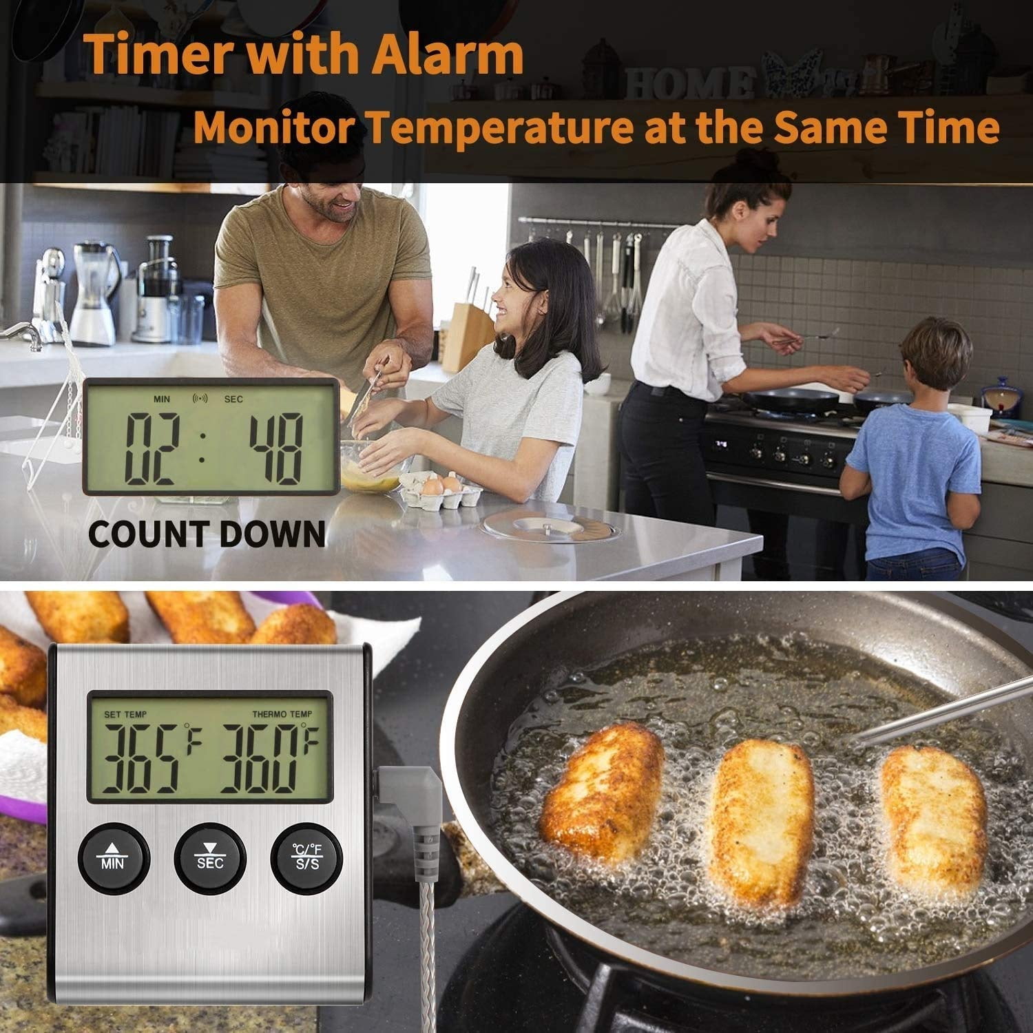 Digital Oven Meat Thermometer 2 Pack with Probe, Large LCD Instant Read Grill Thermometer & Timer for Smoker BBQ Turkey Kitchen Roasting, Stainless Steel