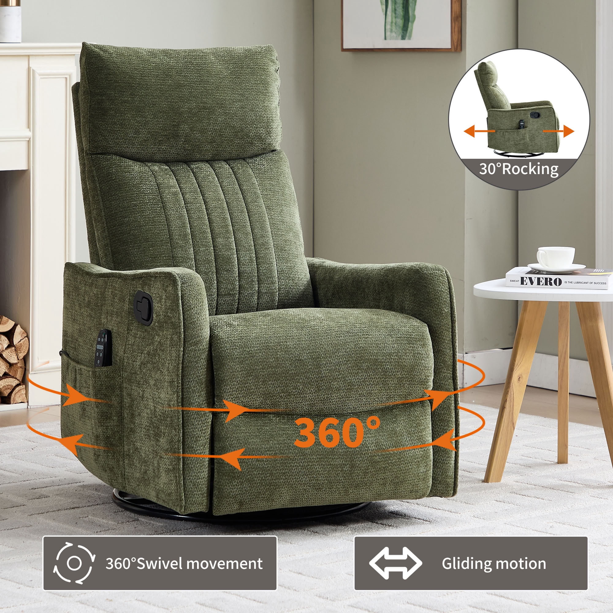 MAYEERTY Chenille Swivel Rocker Recliner Chair, Manual 155° Recline Glider Chair with 8-Point Vibration Massage & Lumbar Heat, for Living Room Nursery Home Office