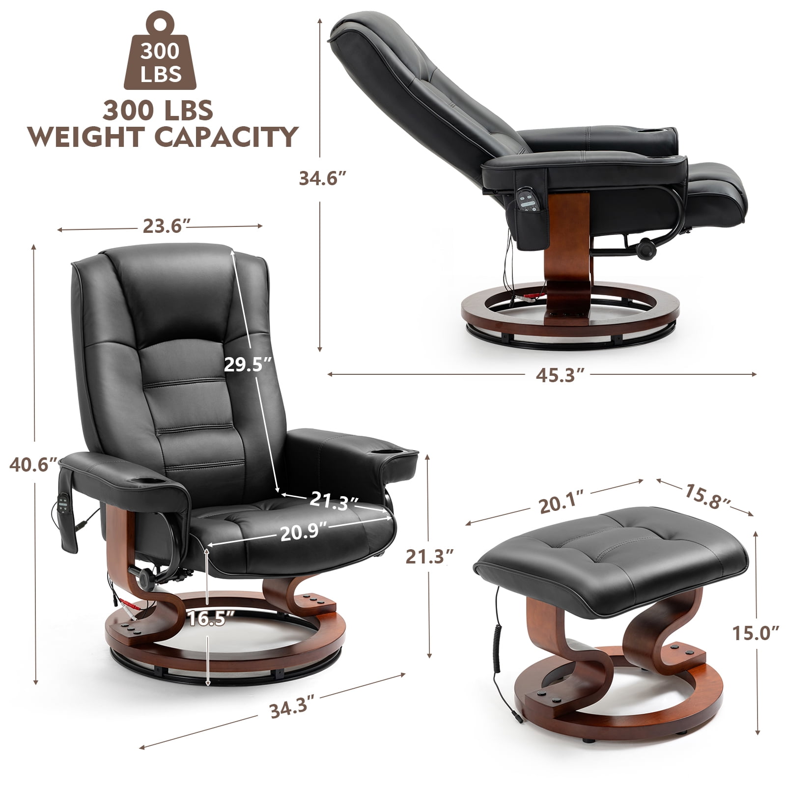 AVAWING 8 Point Vibration Massage Recliner Chair w/ Ottoman, Swivel Reclining Chair, Indoor, Black