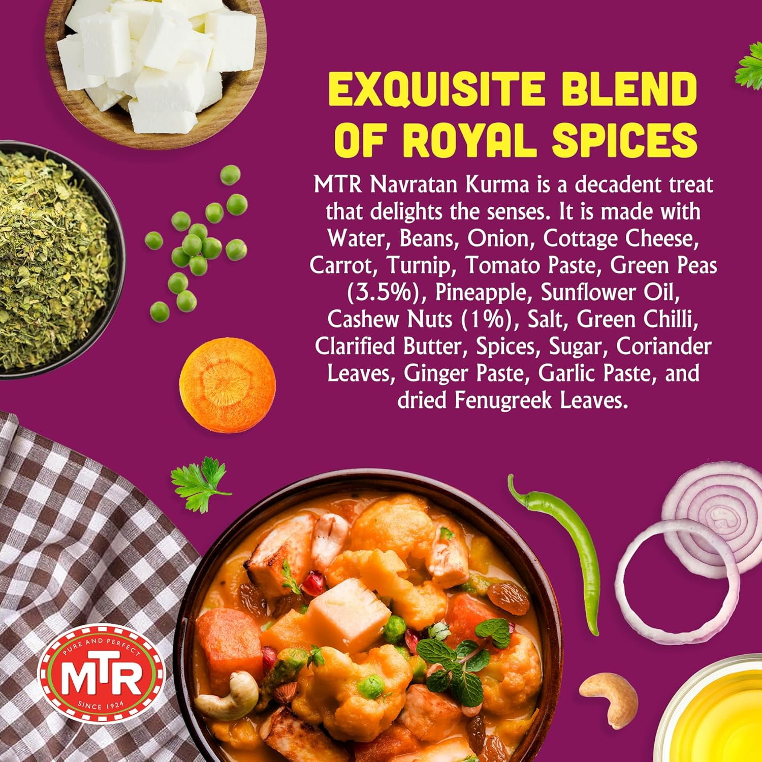 MTR Navratan Kurma - Vegetables in Mildly Spiced & Sweetened Gravy - Tasty Indian Meal with No Added Preservatives - Suitable for Vegetarians, Ready in Minutes! (300g, Pack of 6)