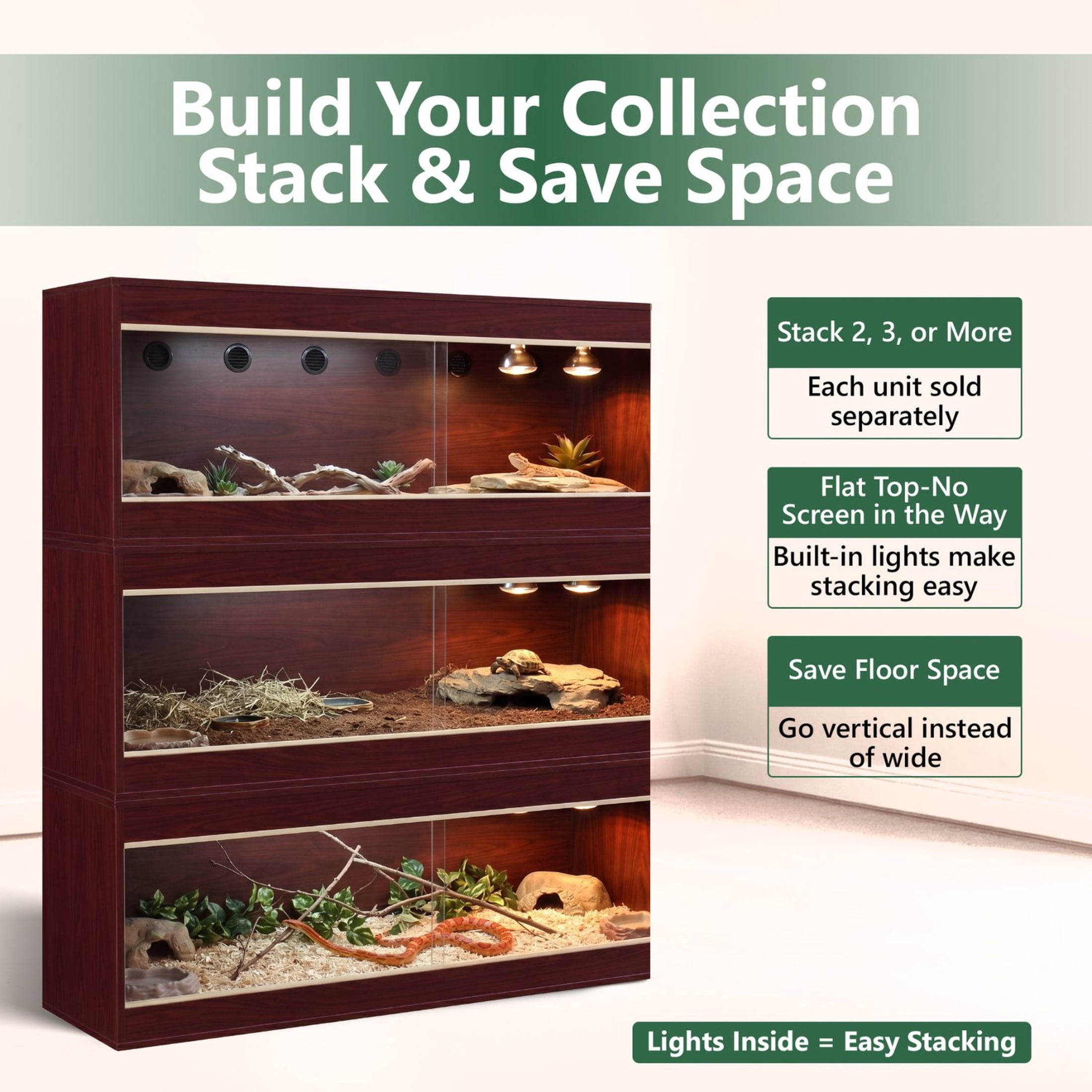Crawl Creations 180 Gallon Reptile Enclosure, Made in USA 72" x 24" x 24" Bearded Dragon Tank with Sliding Glass Doors, Large Terrarium for Leopard Geckos, Snakes, Lizards & Tortoises - Mahogany
