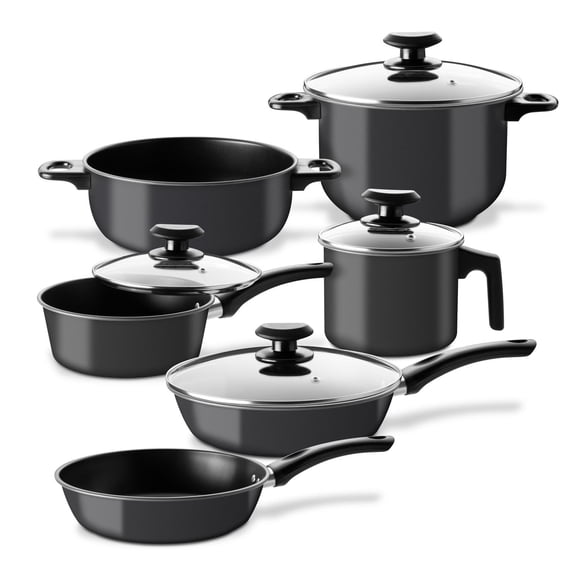 Set de Cacerolas, Sartenes y Hervidor Antiadherentes de Acero de Carbono, para Saltear Hervir Freír negro 10