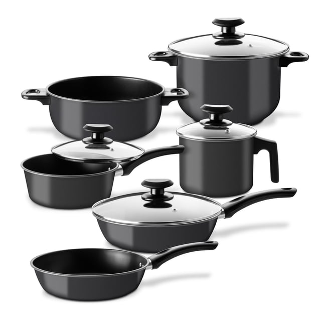Set de Cacerolas, Sartenes y Hervidor Antiadherentes de Acero de Carbono, para Saltear Hervir Freír negro 10