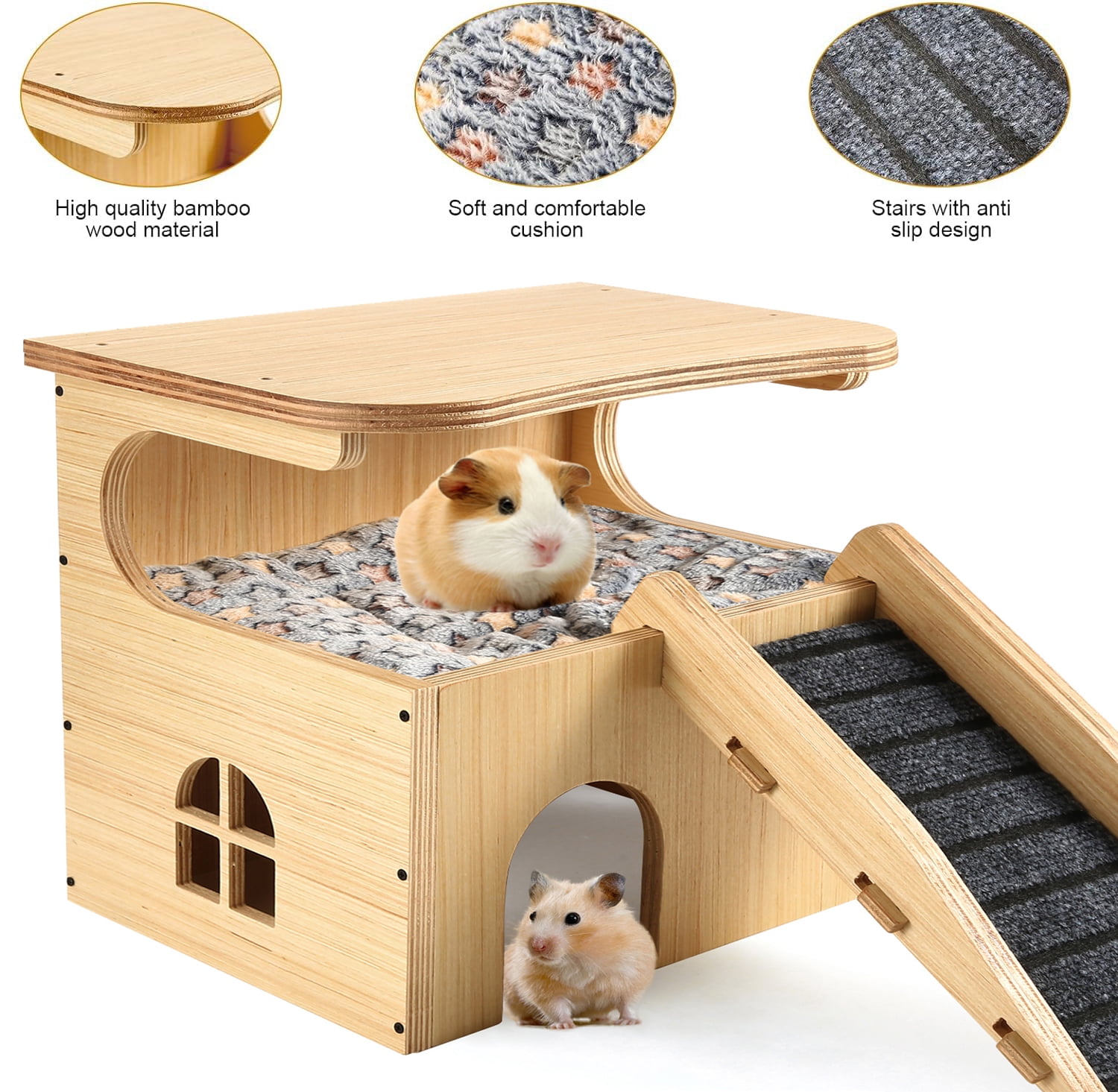 Thickened Wooden Enlarged Guinea Pig Castle Hideout, Durable Hamster House with Stairs & Mat, Bed for Small Pet Piggies Chinchilla Rat Hamster Bunny