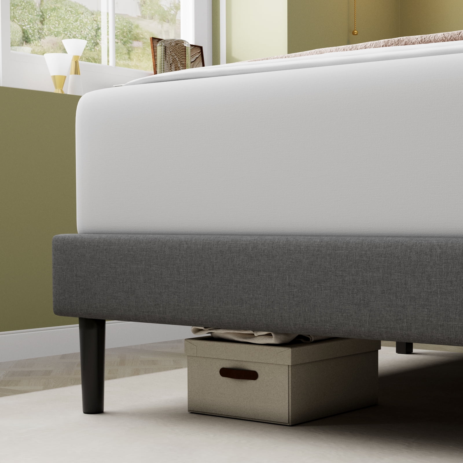 Queen Bed Frame, Lecuneey Queen Size Platform Bed with Fabric Upholstered Headboard, Dark Grey