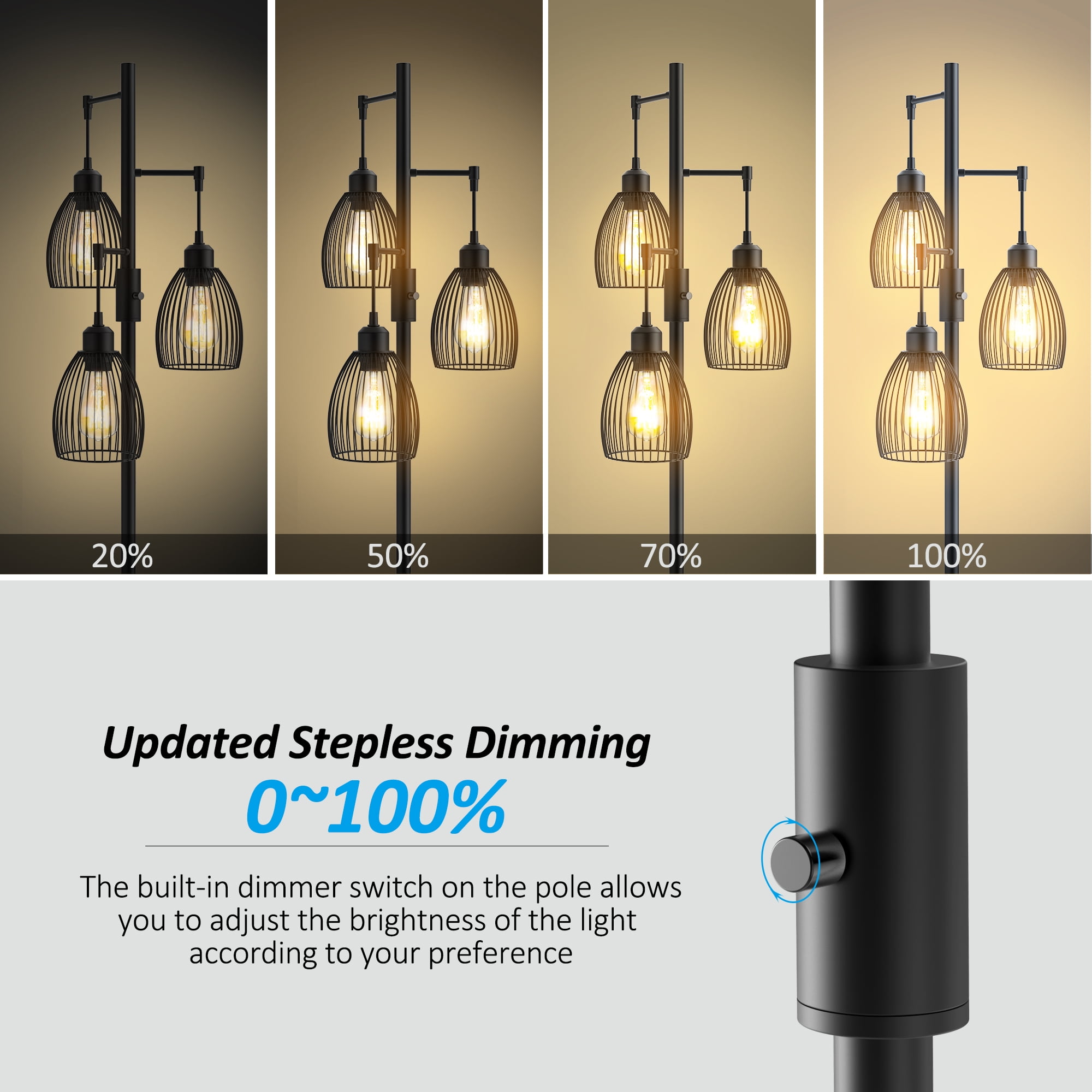 JURULU 70 inch Dimmable Floor Lamp, 3 x1000 LM Bulbs, Elegant Birdcage-Style Industrial Farmhouse Standing Tree Lamp, Perfect for Living Room, Bedroom, Office, Dining Room Decor - Black