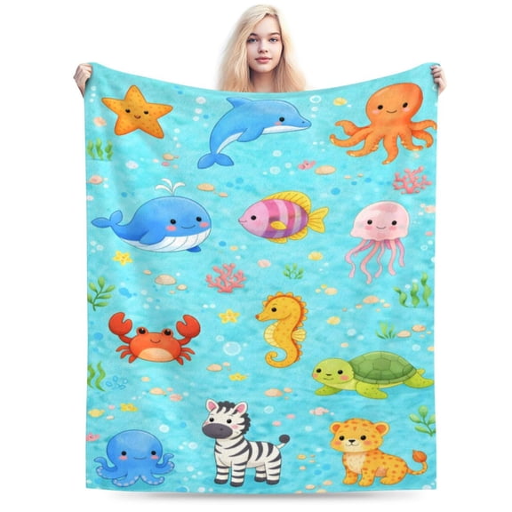 Cute Ocean Animals Blanket Cartoon Sea Animal Throw Blanket Soft Cozy Flannel Kids Baby Nursery Blanket Cute Marine Life Home Decor Gift 50x40