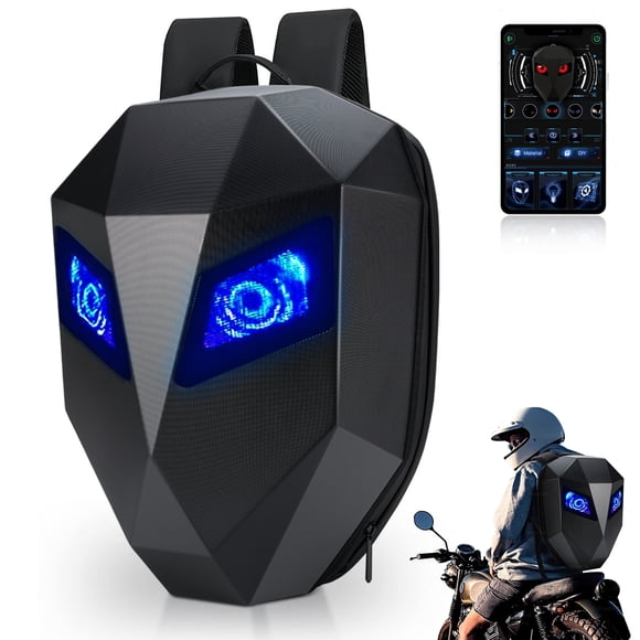 Mochila LED para Motocicleta MOCOERL, Mochila Inteligente con Pantalla Programable, Diseño Rígido Geométrico Negro para Ciclismo y Uso Urbano