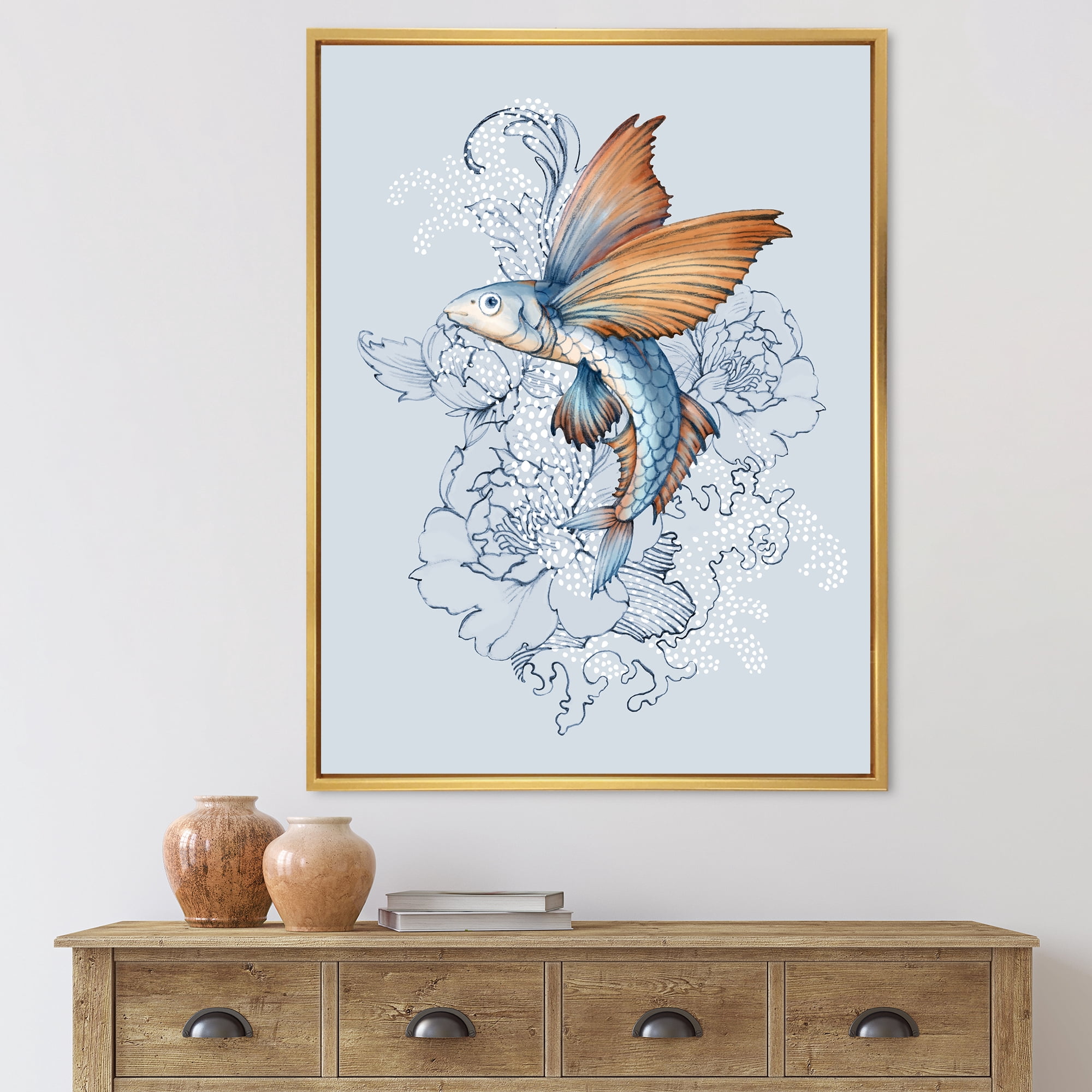 Designart 'Flying Fish and Peonies' Traditional Framed Canvas Wall Art Print