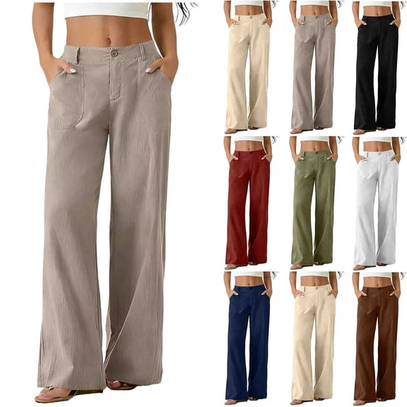 VBVC Women's Cotton-Linen High Waisted Pants,Button Fly Straight Leg Sweatpants For Women,Ladies Lightweight Summer Work Trousers with Pockets,Beige,S-2XL