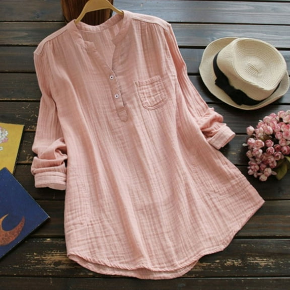 Dxzfnsa Button Down Shirts for Women Womens Casual Linen Cotton Long Sleeve Blouses Cover Up V Neck Solid Color Shirts Loose Beach Long Shirts