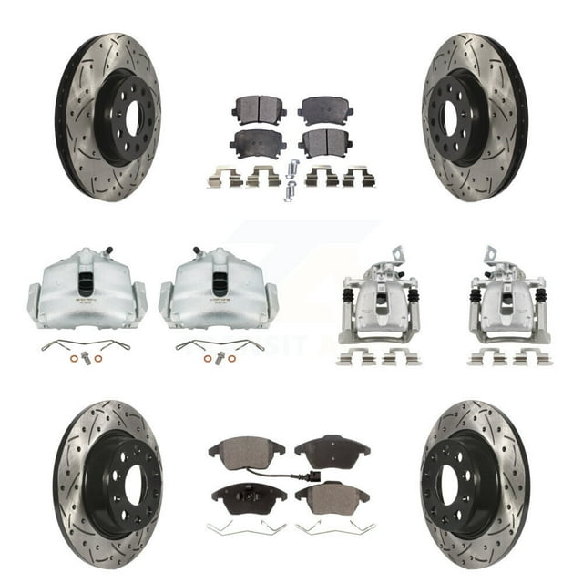Transit Auto Front Rear Disc Brake Coated Caliper Drilled Slotted Rotor & Ceramic Pad Kit (10Pc) for Car 2012 Volkswagen CC 2.0L with 312mm Diameter To Chassis VIN #3C-C-550000 KCD-100264T