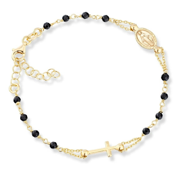 Miabella 18K Gold Over 925 Sterling Silver Italian Natural Black Spinel Rosary Cross Charm Bead Bracelet for Women, Adjustable Link Chain 6 to 8 Inch Handmade in Italy (7" to 8")