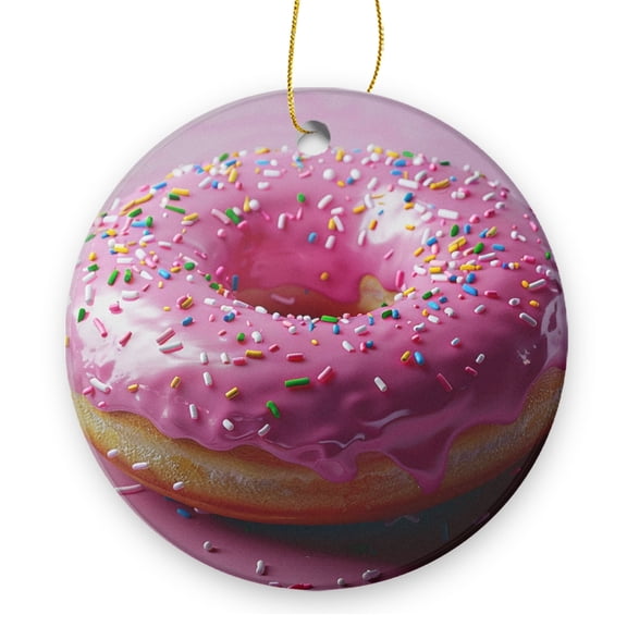 Round Christmas Ornament Xmas Keepsake Ceramic Ornaments Holiday Decorations for Tree Christmas Gift Ideas 2.95in - Colorful Sprinkles Adorning A Pink Donut