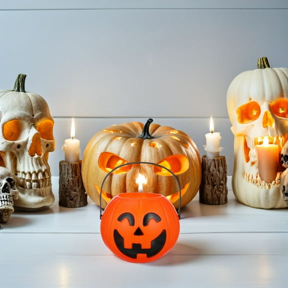 Amosfun Orange Pumpkin Bucket Decoration Prop with Handle for Party Atmosphere