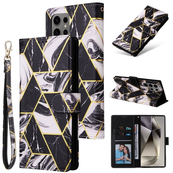 Compatible with Samsung Galaxy S26 Ultra Wallet Case, Marble Pattern PU Leather Flip Cover with Card Holder Kickstand, Shockproof Protective Phone Case for Samsung Galaxy S26 Ultra, Black