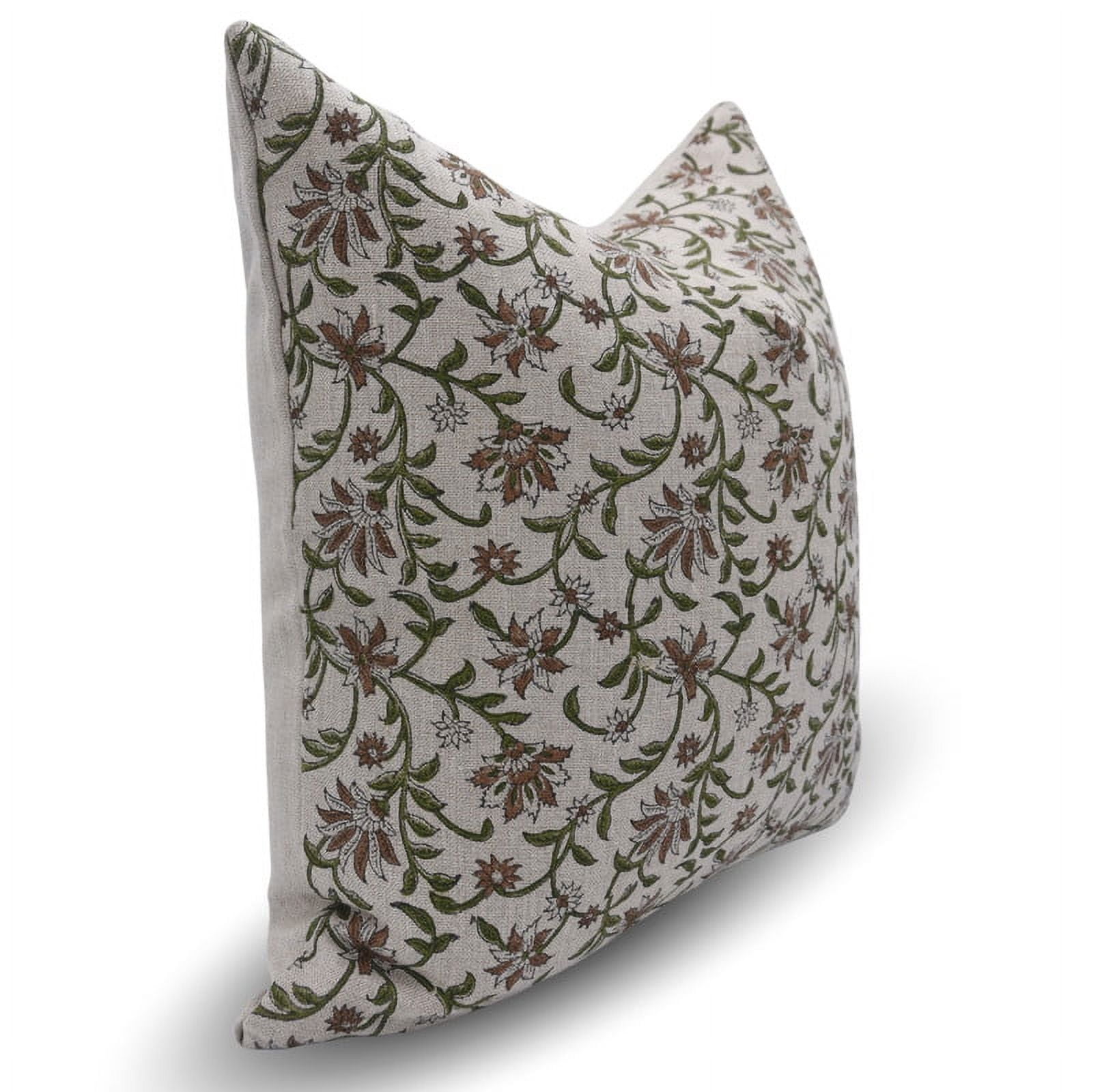 Fabdivine Hand Block Print Linen Pillow Cover 14x14 Green Floral Boho Farmhouse Cushion