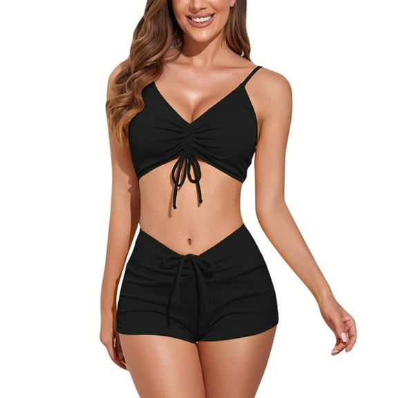 Baywell Women's 2 Piece Spaghetti Strap Bathing Suits Top with Drawstring Shorts Bikini Set, Black, L