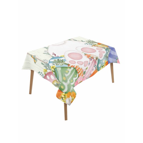 Easter Rectangle Tablecloth, Spring Rabbit Ears Foot Colorful Eggs Leaf Floral Waterproof & StainResistant Tablecloth, Washable Oil-proof Table Cover for Dining/Party/Wedding/Camping/Buffet 60x102 In