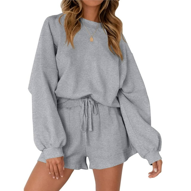 Conjuntos de Dos Piezas para Mujer, Otoño 2025, con Mangas Murciélago Extragrandes, Top y Pantalones Cortos Informales, Chándal. Gris XL