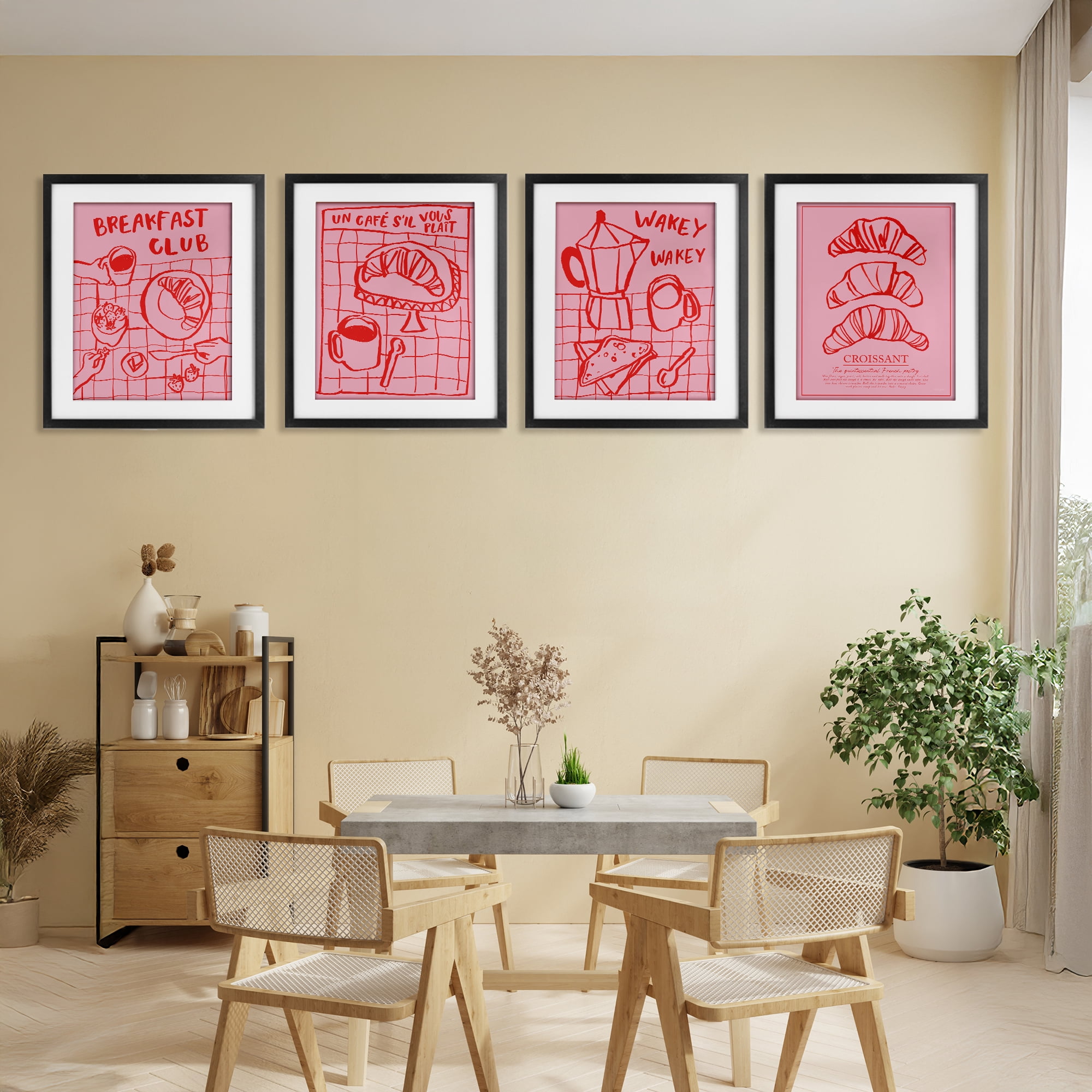 Stupell Industries Pink & Red Breakfast Doodles 4 Piece Black Framed Print Under Glass Set, design by Jenaya Jackson